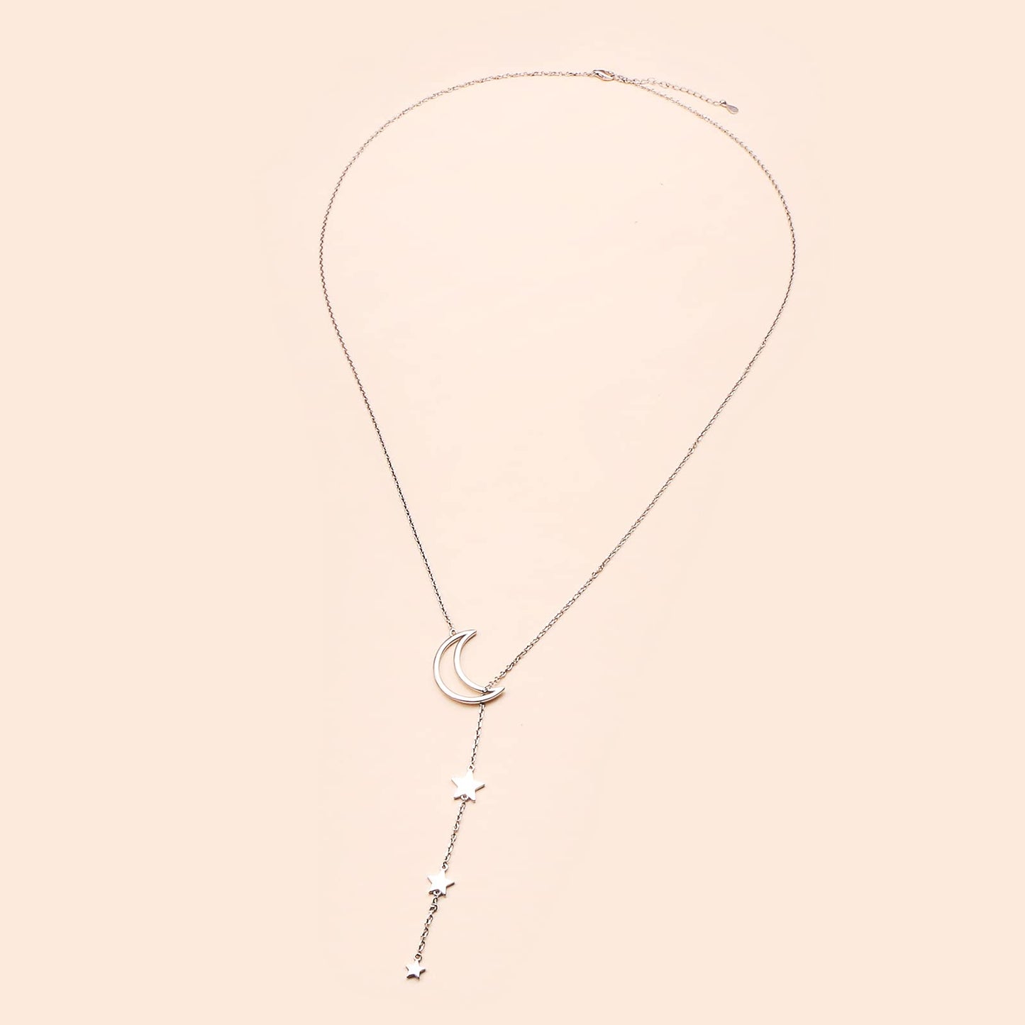 DAOCHONG Moon Star Y Shaped Lariat Necklace Sterling Silver Lariat Long Chain Drop Adjustable Necklace Layered Necklace 30"