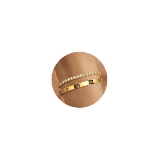 2PCS Gold Bracelets for Women, 18K Gold Plated Love Friendship Bangle Bracelet Set, Adjustment CZ Tennis Bracelet Stack Non Tarnish, Dainty Waterproof Jewelry Gifts for Valentines Day, Easter