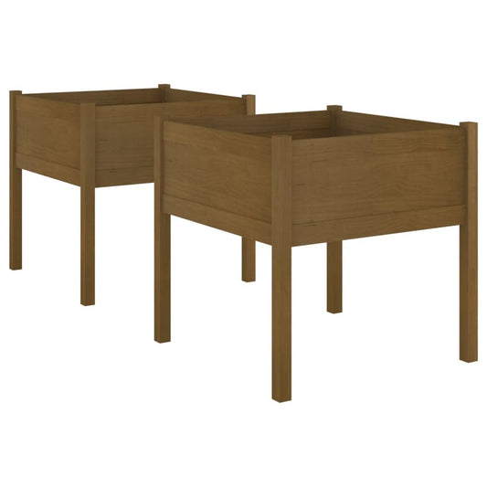hliofuir Set of 2 Large Square Garden Planter Boxes, Solid Pine Wood in Rustic Honey Brown, Outdoor Flower Pots for Garden and Terrace, 27.6 x 27.6 x 27.6 Inches