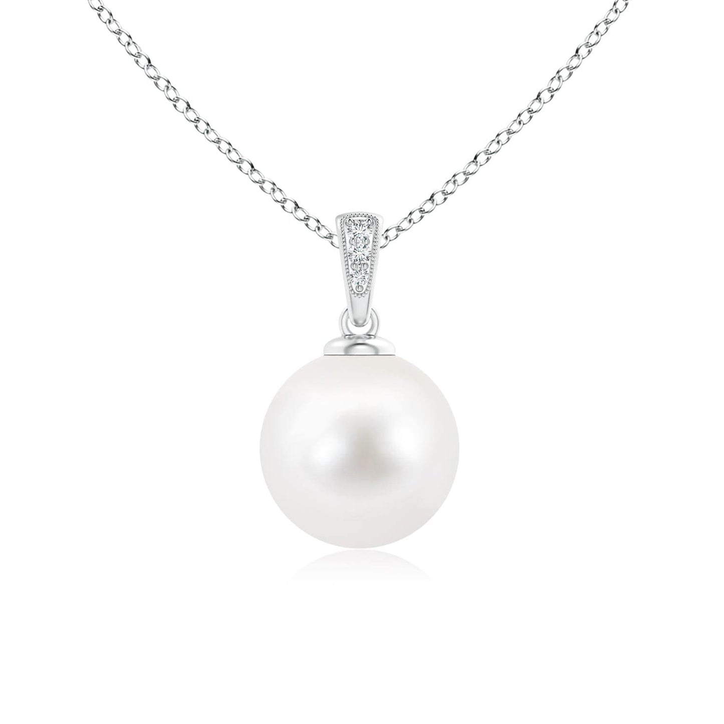 Angara Freshwater Pearl Solitaire Pendant for Women | 10mm Round Freshwater Cultured Pearl Diamond Solitaire Pendant Necklace in Sterling Silver | June Birthday, Gemstone Jewelry Gift | AA