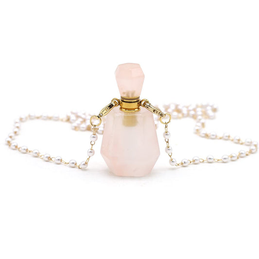 1pcs Natural Rose Quartz Stone Perfume Bottle Pendant Pearl Bead Chain Rectangle Heart Healing Stone Essential Oil Diffuser Necklace for Women Jewelry Essential Oil Diffuser