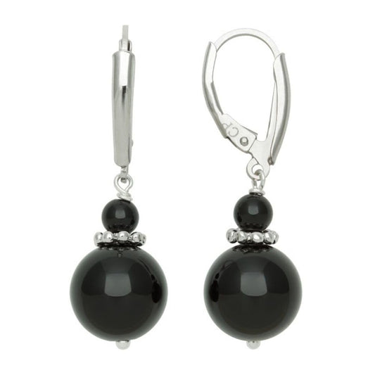 Belacqua Sterling Silver Natural Round Black Onyx Gemstone Beaded Dangle Drop Earrings for Women, Length : 1.5 Inches, Leverback, Gift Box Included
