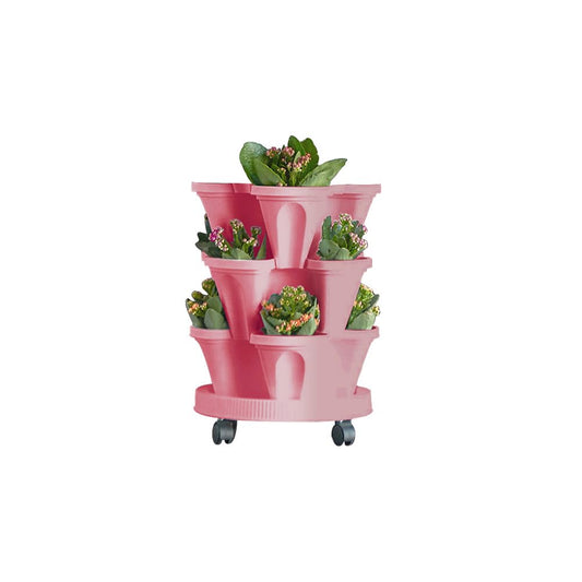 3 Tier Stackable Strawberry Planter Vertical Garden Stacking Herb Vegetable Planters with Removable Wheels Saucer, 4- Compartment Pot