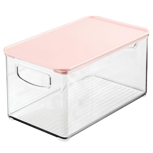 mDesign Deep Plastic Bathroom Storage Bin Box, Lid/Built-in Handles, Organization for Makeup, Hair Styling Tools, Toiletry Accessories in Cabinet, Shelves, Ligne Collection, 2 Pack, Clear/Pink
