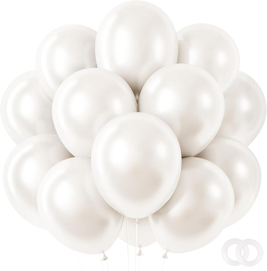 RUBFAC Pearl White Balloons - 12 Inch Party Balloons with Ribbons | 65pcs for Weddings & Celebrations