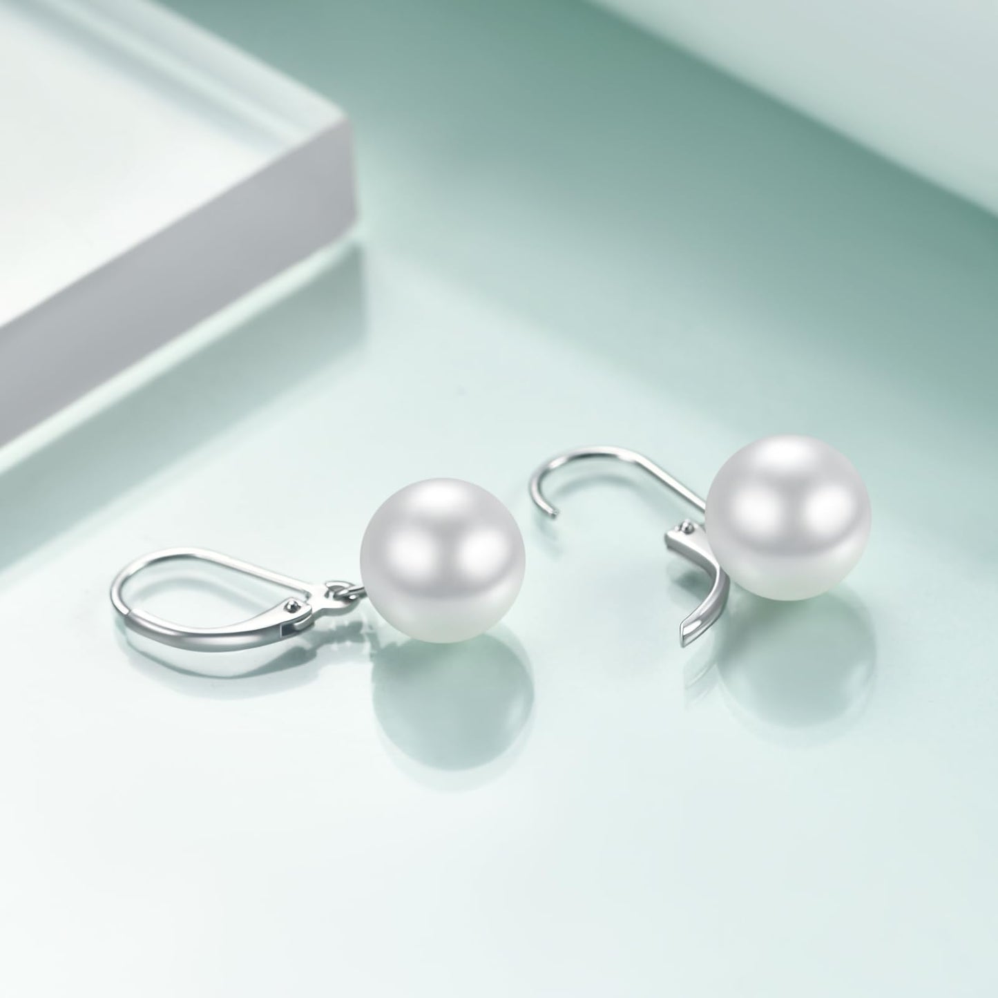 Rnivida 925 Sterling Silver White Pearl Earrings Leverback Pearl Drop Earring for Women,10MM Hypoallergenic Pearl Dangle Earring for Daily,Bridesmaid Bridal Wedding