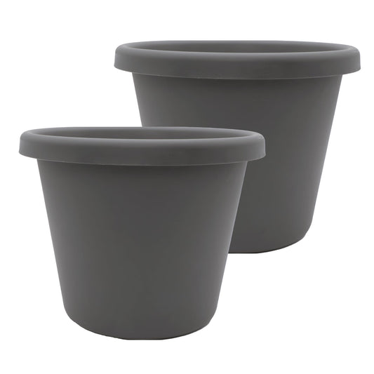 The HC Companies 11.5 Inch Classic Round Planter Pots with Drainage, Rolled Rim Plastic Planters for Indoor & Outdoor Plants, 2-Pack Decorative Flower Pots for Garden, Office & Home Decor, Warm Gray