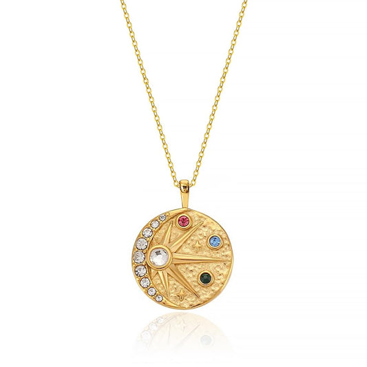 18k Gold Plated Sun and Moon Coin Pendant Necklace for Women Colorful CZ Crescent Moon Medallion Charm Necklace Dainty Star Celestial Zodiac Jewelry 16.5’’