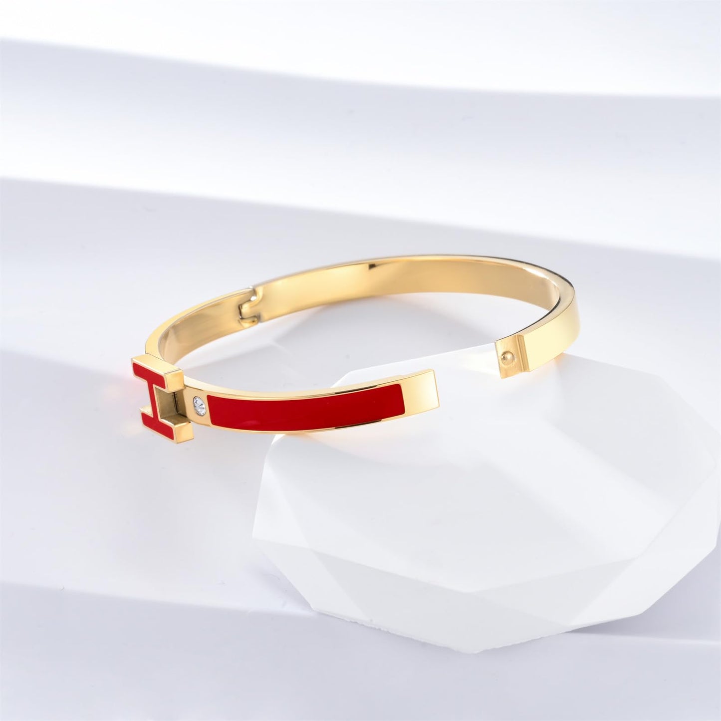 Hothink H Bracelets for Women,H Bangle and H Wire Rope Bracelet Set,Dainty 18K Gold Plated Bracelets Set for Christmas Mothers Day Gifts for Women (Gold-Red)