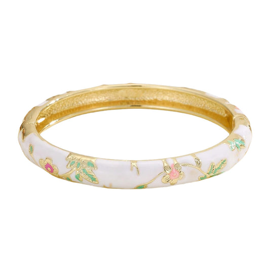 BlingNook Cloisonne Bracelet For Women, Chunky Bangle Trendy Cute Flower Enamel Bangles Multi Tone Engraved Cuff Gold Plated Bracelets Stackable Wife Jewelry Friendship Gift (White, One Size)
