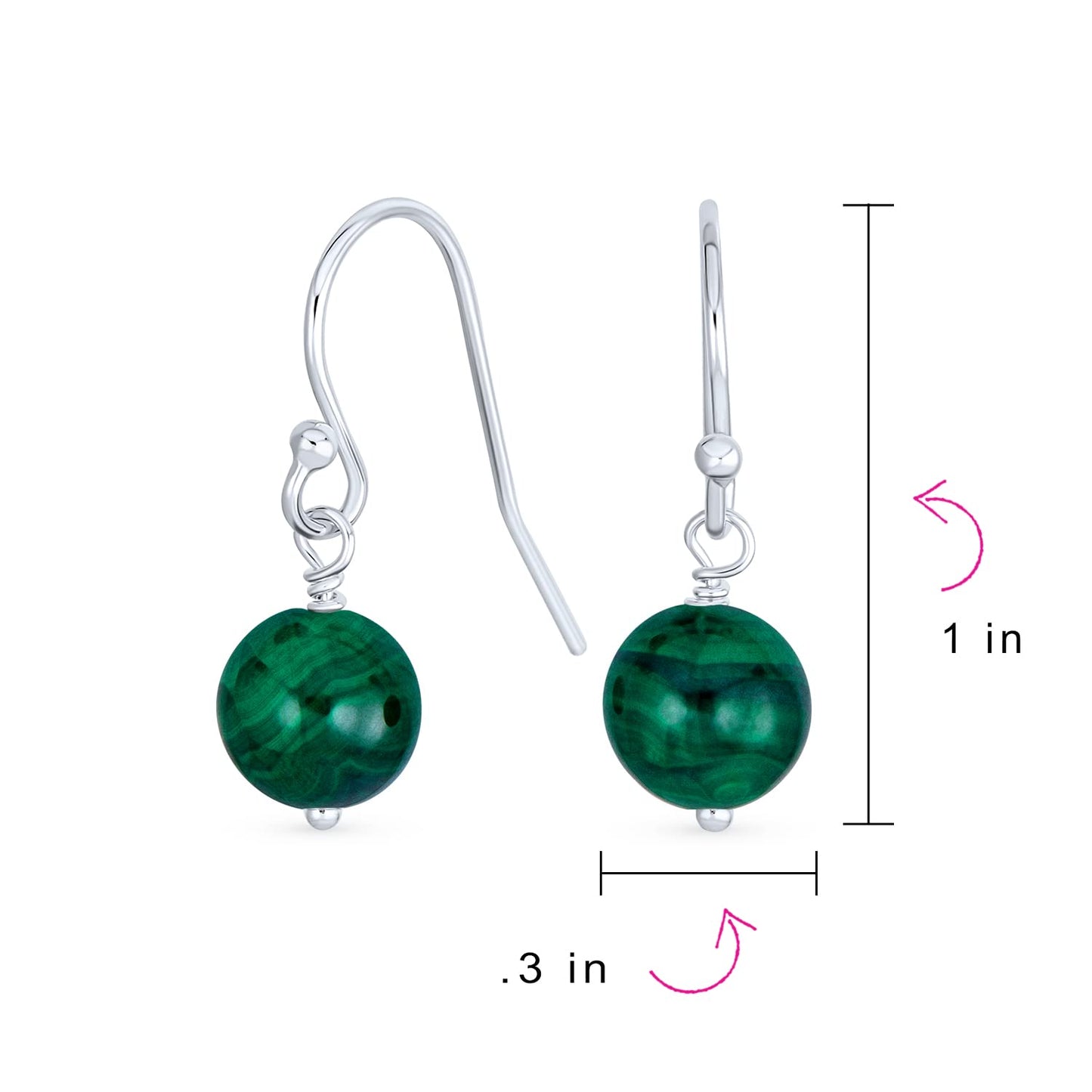 Bling Jewelry .925 Sterling Silver Hematite & Green Agate Bead 8mm Dangle Ball Drop Earrings For Women French Fish Hook Wire (Set of 3) Genuine Gemstone