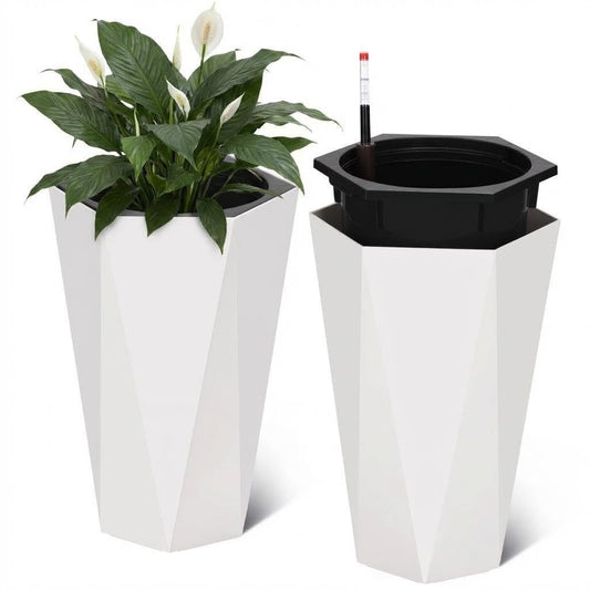 GAOMON 22.5" Tall Planters Set of 2, Self-Watering Diamond Planter Pots with Water Level Monitor and Wheels, Plant Pots Outdoor and Indoor for Room & Office Décor, Garden, Patio, White