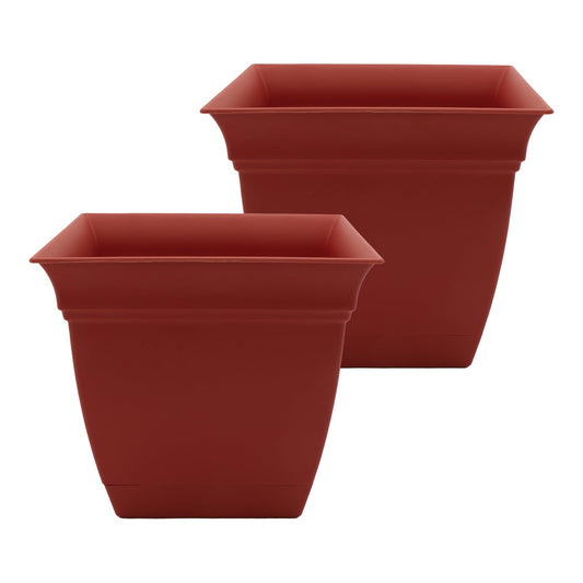 The HC Companies 12 Inch Eclipse Square Planter Pots with Drainage Holes & Attached Saucer, Lightweight UV-Resistant Plastic Indoor Outdoor Planters, 2-Pack Flower Pots for Garden & Home Decor, Clay