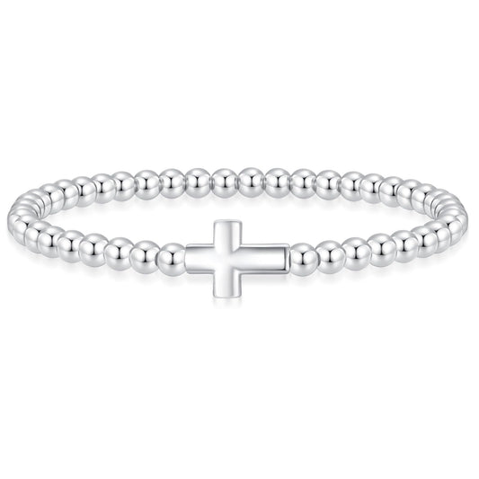 Beaded Bracelets for Women 14K Silver Gold Plated Stretch Handmade Ball Bracelets Cute Charm Bracelet Dainty Stackable Cross Heart Bow Wave CZ Circle Trendy Jewelry Easter Gifts (cross-silver)