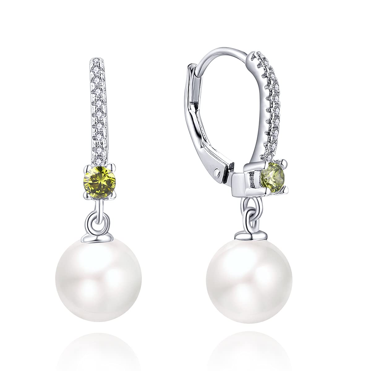 JO WISDOM Pearl Earrings,925 Sterling Silver 8mm Pearl Leverback Drop Earrings with 3A CZ August Birthstone Peridot Color,Jewelry for Women