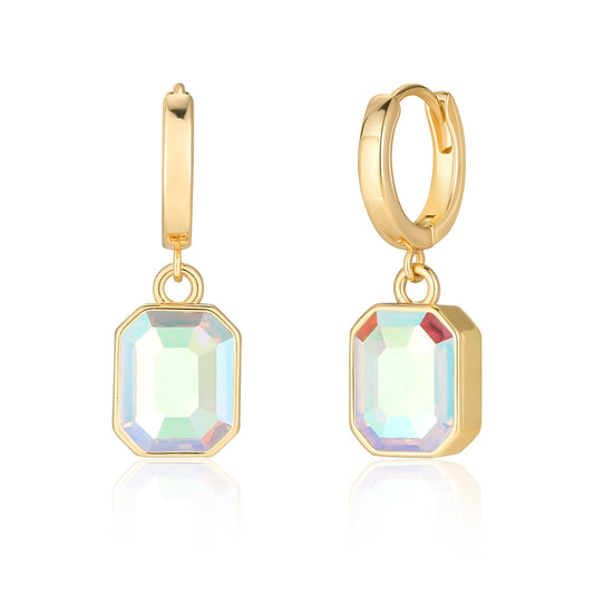 Birthstone Crystal Dangle Drop Earrings, 18K Gold Plated Huggie Hoop Hypoallergenic Earring Jewelry Gifts for Women (Aurora Borealis)