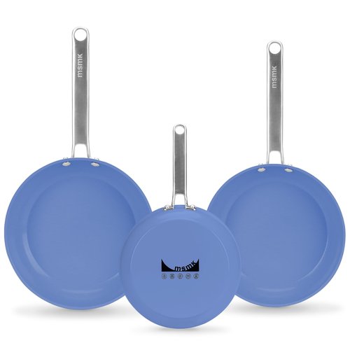 MsMk Blue 8" + 9.5" + 11" Ceramic Non Stick Frying Pans Sets, PFOA Free Non-Toxic, Scratch-resistant, Oven-Safe, Induction Ready, Compatible with All Cooktops