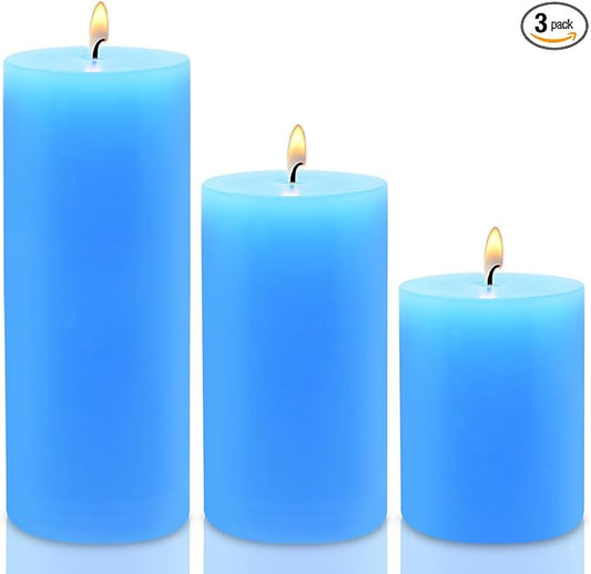 Blue Pillar Candles Set of 3 - Dripless Unscented - 3x4, 3x6 & 3x8 inches Decorative Candles for Home Decor & Table Centerpieces