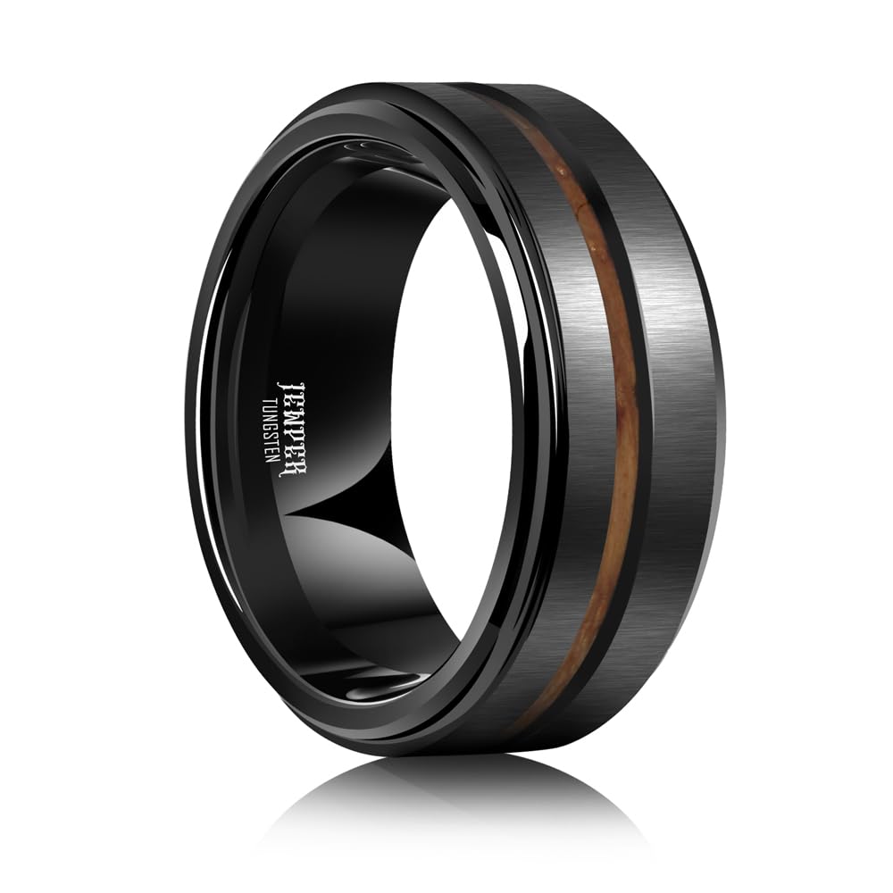 JEWPER 8mm Men Womens Wedding Band Tungsten Rings Black Fashion Promise Carbide Inlaid whiskey barrel wood Outer ring step edge sanding Matte Finish Edge Comfort Fit size(6)