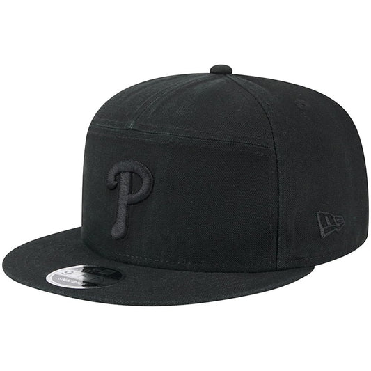 New Era 9FIFTY Black on Black Split Panel Cotton Canvas Snapback Cap, Hat (US, Alpha, One Size, Black Black, Philadelphia Phillies)
