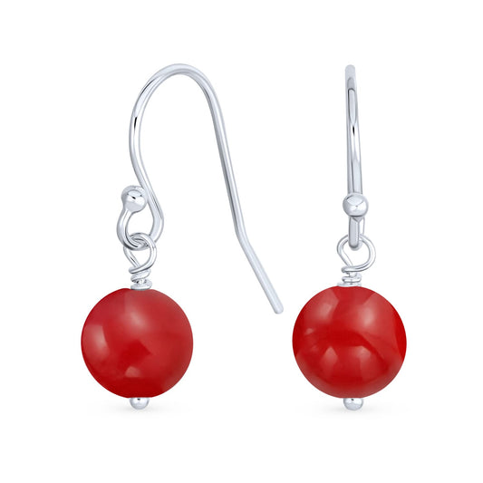 Bling Jewelry Timeless .925 Sterling Silver Red Carnelian Bead 8mm Ball Drop Earrings Fish Hook Genuine Gemstone