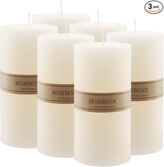 3 x 8 Ivory Pillar Candles Set of 6 Unscented Handpoured Weddings, Home Decoration, Restaurants, Spa, Church Smokeless Cotton Wick 360 Hour