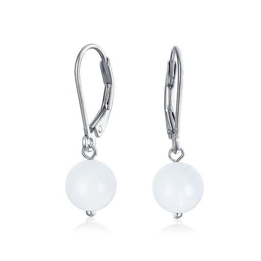 Bling Jewelry Timeless .925 Sterling Silver White Jade Bead 8mm Ball Drop Earrings Lever Back Genuine Gemstone