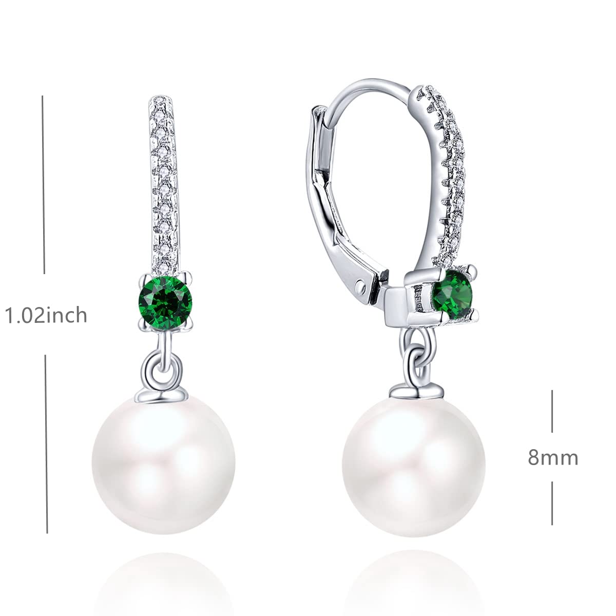 JO WISDOM Pearl Earrings,925 Sterling Silver 8mm Pearl Leverback Drop Earrings with 3A CZ May Birthstone Emerald Color,Wedding Earrings