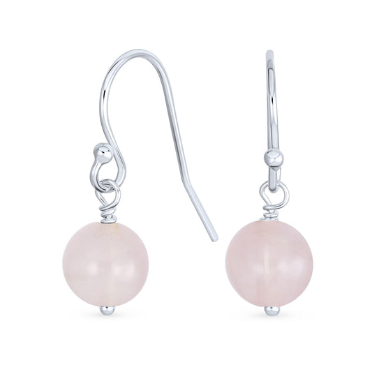 Bling Jewelry Timeless .925 Sterling Silver Light Pink Rose Quartz Bead 8mm Ball Drop Earrings Fish Hook Genuine Gemstone October Birthstone