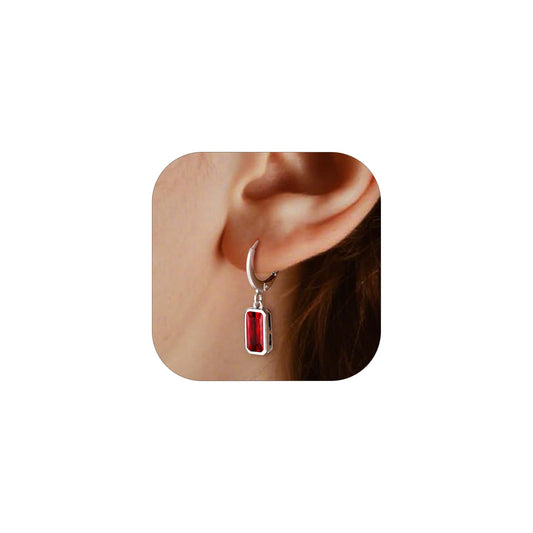 Bestyle Sterling Silver Rectangle January Birthstone Dangle Drop Earrings - Sparkle Garnet Red Earrings for Women Dangling -Small Silver Huggie Hoop Earrings For Women | Trendy CZ Huggie Earrings