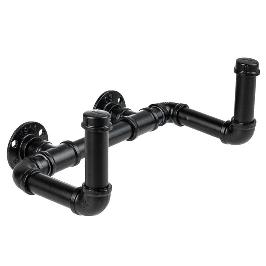 MyGift Wall Mounted Garden Water Hose Hanger, Industrial Matte Black Metal Hanging Waterhose Reel Holder Storage Rack with Decorative Dual Pipe Fittings