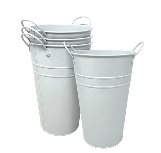 DAHO 4 Pack 9 Inch Tall Metal Planters with Handles, Flower Vases, Farmhouse Rustic Buckets for Home Decor, Garden, Patio, Party, Wedding Decorations, Farmhouse (White, 9.06")