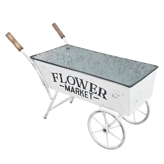 Z² BellaDecor 15 Inch Farmhouse Small Flower Cart with Wooden Handles Metal Wagon Planters for Outdoor Plants Decorative Wheelbarrow Plant Cart for Patio Garden Balcony White