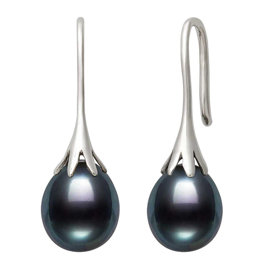 Belacqua Black Cultured Freshwater Drop Pearl Dangle Earrings in Sterling Silver, Real Pearl Jewelry for Women, Gift Box Included
