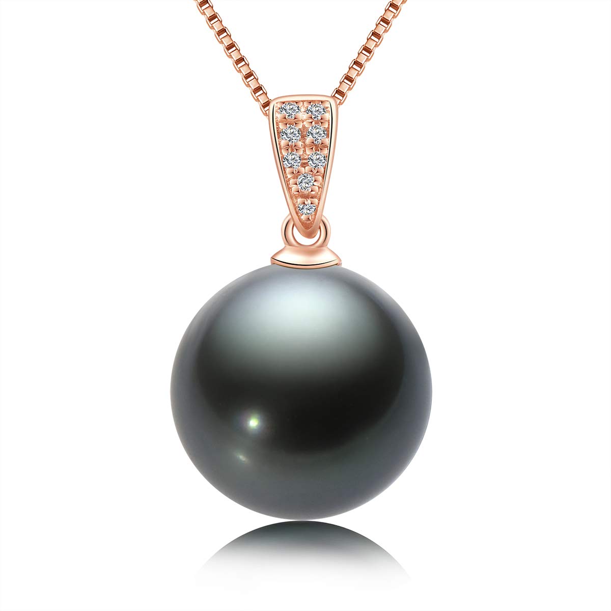 DENGGUANG 18K Gold Natural Black Pearl Necklace Pendant with Diamond 10-11mm Genuine Tahitian Cultured Round Pearls Pendant for Women with 18" Silver Chain - Rose Gold