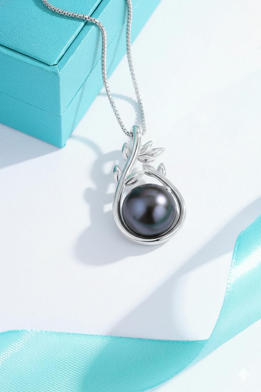 KANNSOAR Black Pearl Necklace for Women Tahitian Pearl Necklace Gifts for Mother Wife 925 Sterling Silver Natural Black Pearl Jewelry Gift