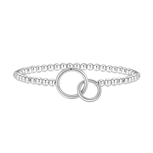Beaded Bracelets for Women 14K Silver Gold Plated Stretch Handmade Ball Bracelets Cute Charm Bracelet Dainty Stackable Cross Heart Bow Wave CZ Circle Trendy Jewelry Easter Gifts (double-circle-silver)