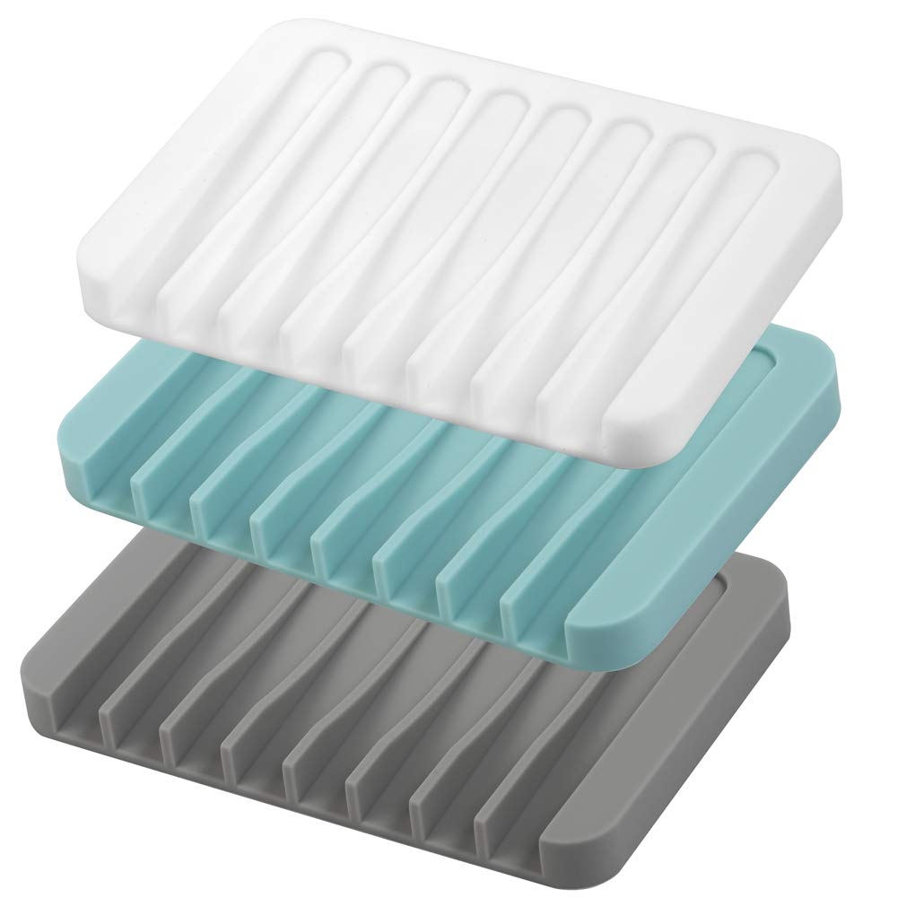 3PCS Self Draining Soap Holder, Premium Silicone Soap Dish, Soap Saver for Shower, Bathroom, Kitchen, Bath Tub, Sponges, Keep Soaps Bars Dry Clean, Easy Clean, Extend Soaps Life