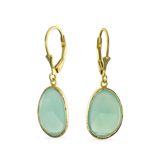 Bling Jewelry Elegant Oval Faceted Pastel Stone Dangle Bezel Set: Lever Back Earrings Mint Green Simulated Chalcedony 14K Gold-Plated .925 Sterling Silver