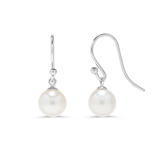 .925 Sterling Silver AAA 7.5-8mm Round White Freshwater Cultured Pearl French Wire Hook Dangling Drop Earrings