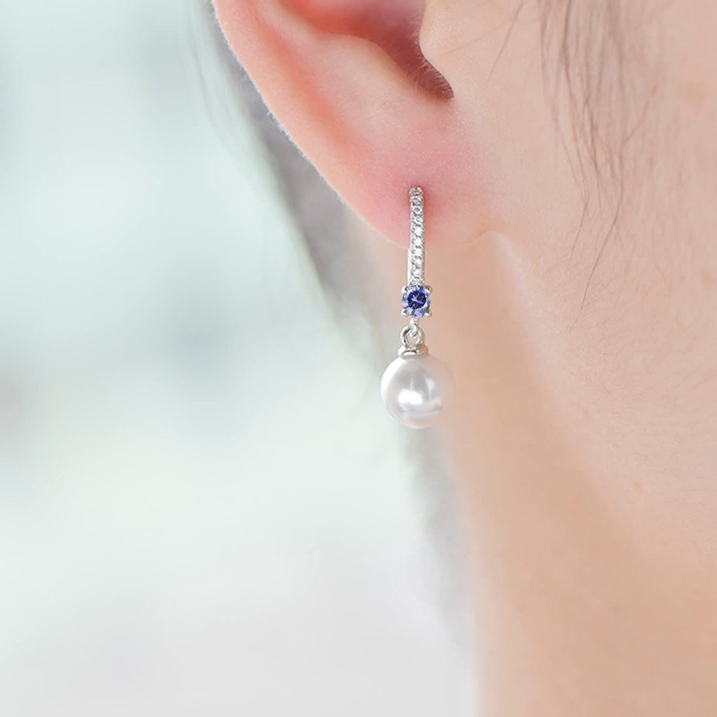 JO WISDOM Pearl Earrings,925 Sterling Silver 8mm Pearl Leverback Drop Earrings with 3A CZ December Birthstone Tanzanite Color,Jewelry for Women