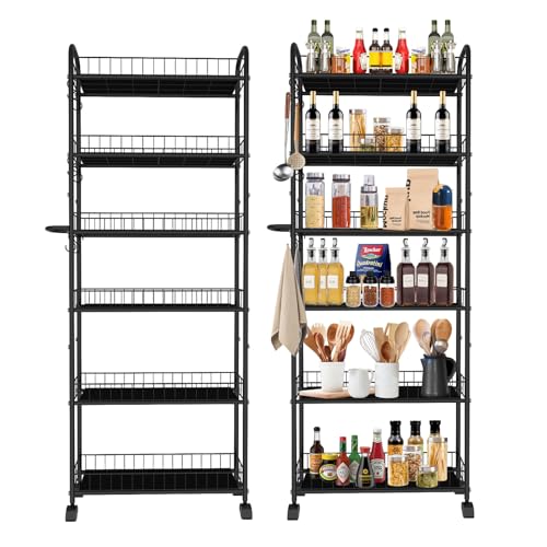 Seadasyoon 6in 6 Tier Slim Storage Cart with Wheels, Black Narrow Space Rolling Shelving Unit with Handle, Metal Wire Mobile Organizer Rack for Kitchen Bathroom Office Laundry