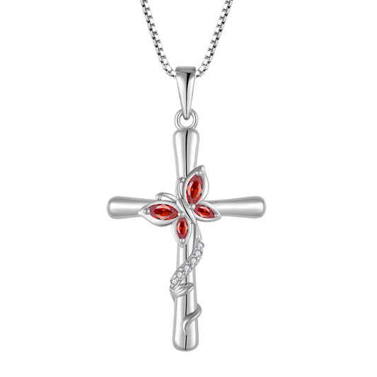 Blaniy Cross Necklace for Women 925 Sterling Silver Butterfly Necklace Garnet Pendant Necklaces January Birthstone Jewelry Gifts for Women