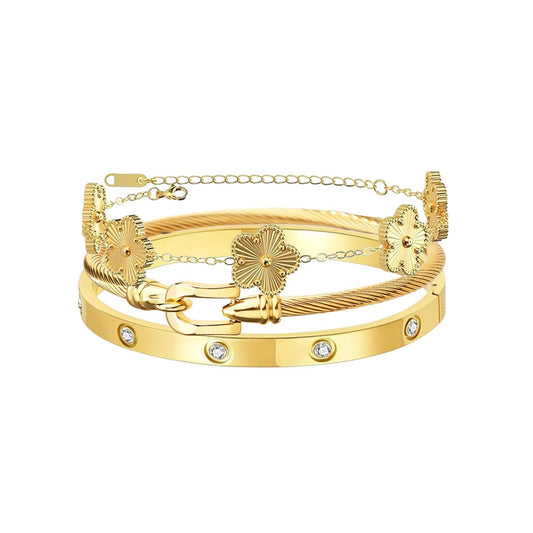 Belt Buckle Bracelets set for Women 3Pcs Stackable Love Bangle 18K Gold Plated Clovers Bracelet Floral Bracelet Set Trendy Gifts for Women