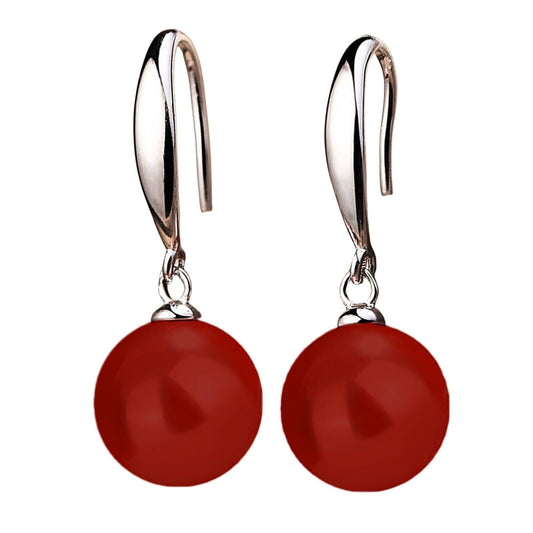 12mm Natural Ocean Pearl Freshwater Cultured Colorful Simulated Beads Drop Dangle Earrings Elegant Birthday Wedding Party Costume Prom Statement Jewelry for Women-red
