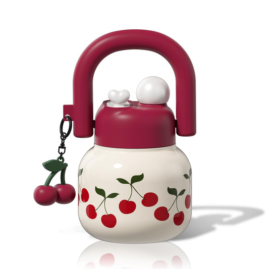 Sidagar 22 oz Tote Water Bottle with Straw and Carry Handle, Wide Mouth Vacuum Insulated Stainless Steel Tumbler, Travel Water Jug for Women Easy Carry, Cherry