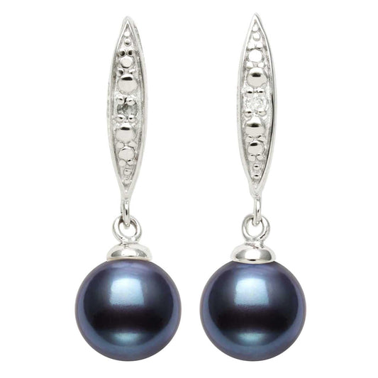 Belacqua Lab Created Sapphire with Black Cultured Freshwater Round Pearl Dangle Earrings in Sterling Silver, Push Back, Real Pearl Jewelry for Women, Gift Box Included