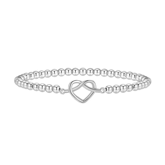 Beaded Bracelets for Women 14K Silver Gold Plated Stretch Handmade Ball Bracelets Cute Charm Bracelet Dainty Stackable Cross Heart Bow Wave CZ Circle Trendy Jewelry Easter Gifts (knot-heart-silver)