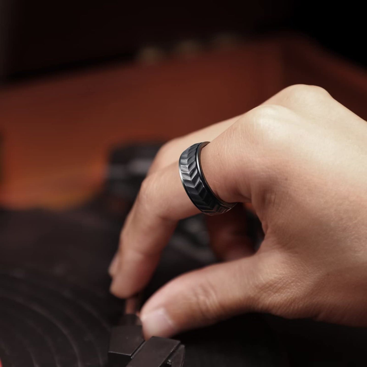 King Will Mens Black 8mm Spinner Rings Tire Stripe Groove Stainless Steel Anxiety Fidget Ring for Men 8