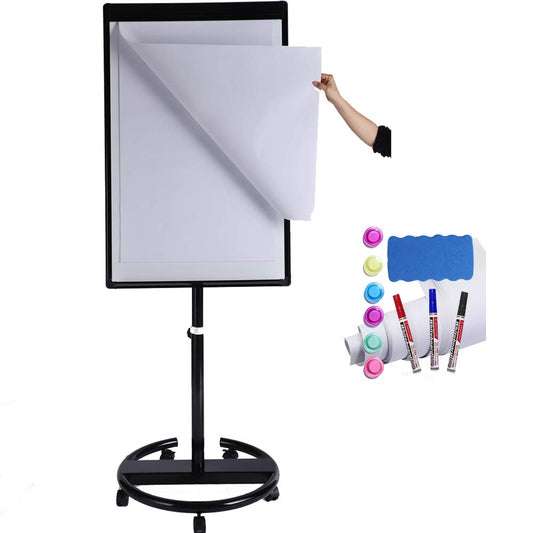 DexBoard 40 X 28 Inch Mobile Magnetic Whiteboard on Wheels, Rolling Dry Erase Board Easel on Height Adjustable Stand with Flipchart Paper Pad (25 Sheets) for Class Teaching, Office Meeting & Workshops